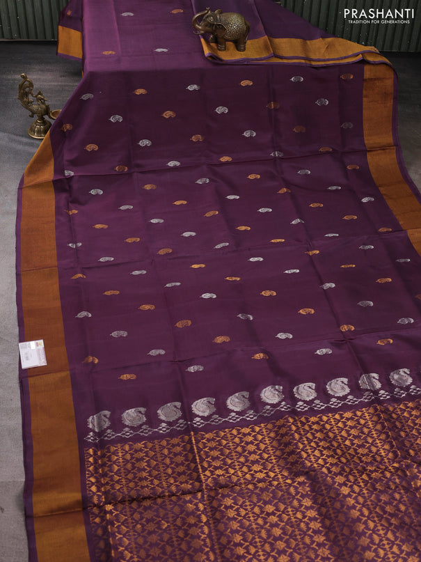 Pure uppada silk saree wine shade with silver & gold zari woven paisley buttas and zari woven border
