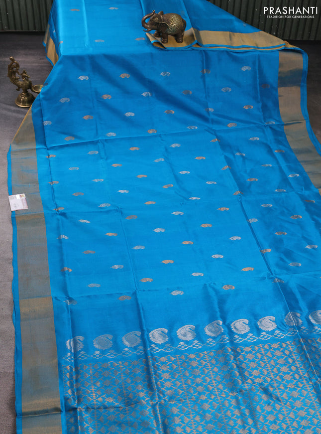 Pure uppada silk saree light blue with silver & gold zari woven paisley buttas and zari woven border