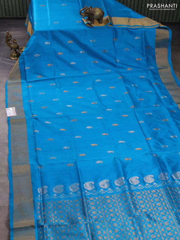 Pure uppada silk saree light blue with silver & gold zari woven paisley buttas and zari woven border