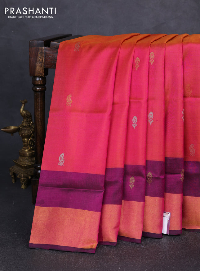Pure uppada silk saree dual shade of pinkish orange and bottle green with allover silver & gold zari woven buttas and zari woven border