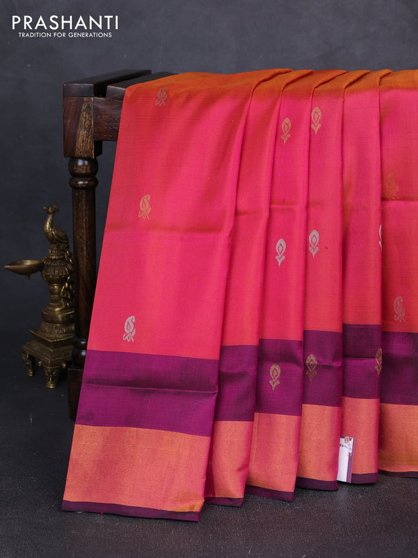 Pure uppada silk saree dual shade of pinkish orange and bottle green with allover silver & gold zari woven buttas and zari woven border