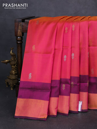 Pure uppada silk saree dual shade of pinkish orange and bottle green with allover silver & gold zari woven buttas and zari woven border
