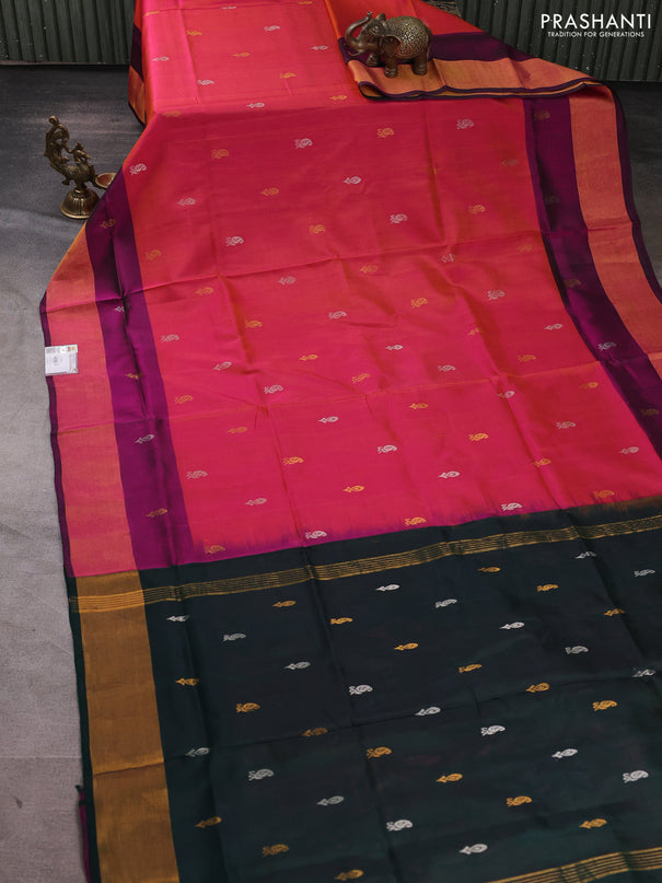 Pure uppada silk saree dual shade of pinkish orange and bottle green with allover silver & gold zari woven buttas and zari woven border