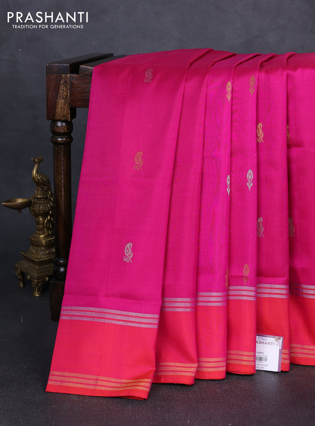 Pure uppada silk saree pink and dual shade of pinkish orange with allover silver & gold zari woven buttas and rettapet zari woven border