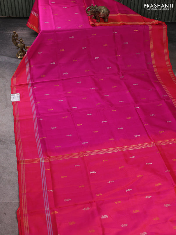 Pure uppada silk saree pink and dual shade of pinkish orange with allover silver & gold zari woven buttas and rettapet zari woven border