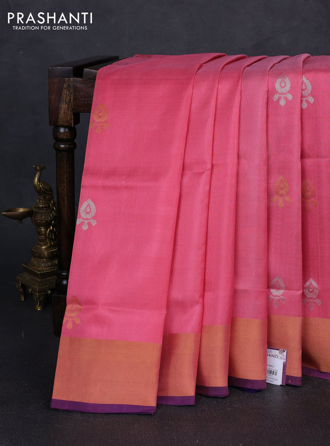Pure uppada silk saree peach pink and blue with silver & gold zari woven buttas and zari woven border