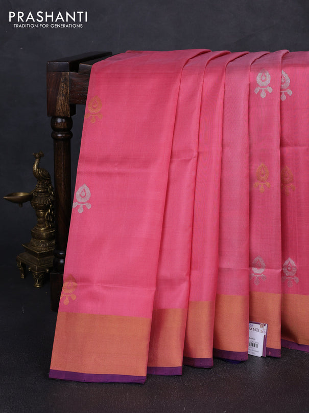 Pure uppada silk saree peach pink and blue with silver & gold zari woven buttas and zari woven border