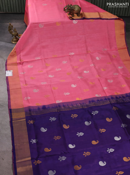 Pure uppada silk saree peach pink and blue with silver & gold zari woven buttas and zari woven border