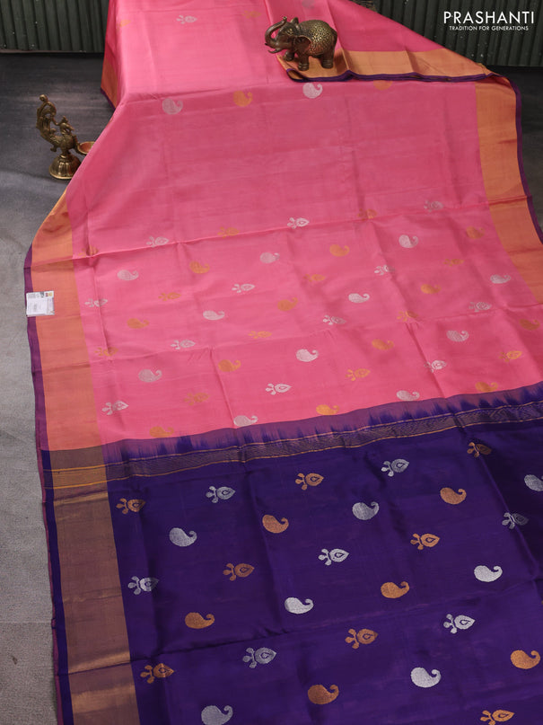 Pure uppada silk saree peach pink and blue with silver & gold zari woven buttas and zari woven border