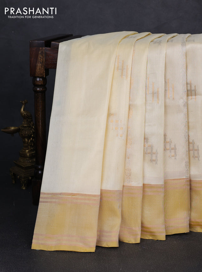 Pure uppada silk saree cream and mustard yellow with allover zari weaves & buttas and rettapet zari woven border