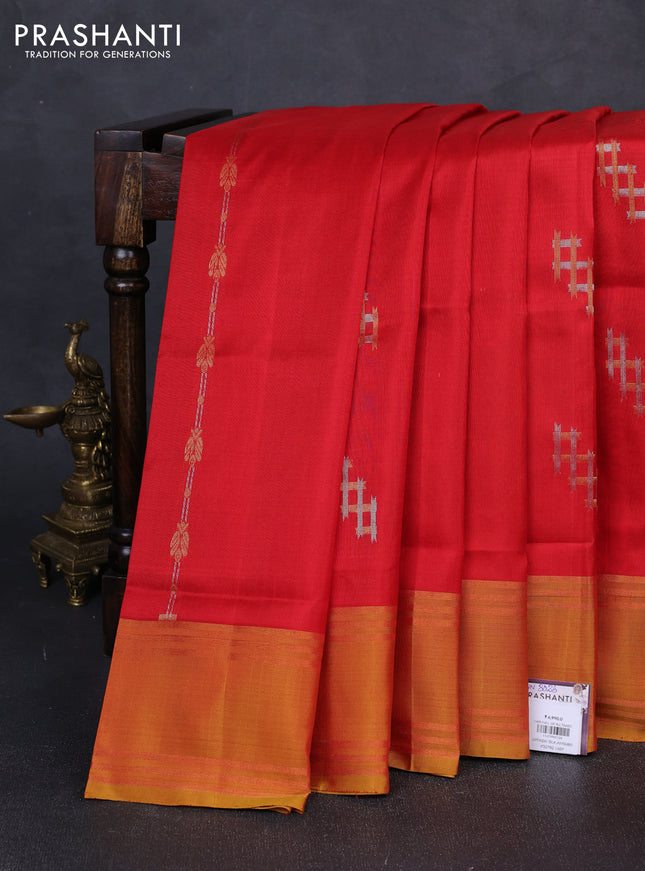 Pure uppada silk saree red and dual shade of mustard with allover zari weaves & buttas and rettapet zari woven border
