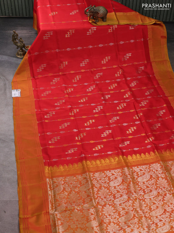 Pure uppada silk saree red and dual shade of mustard with allover zari weaves & buttas and rettapet zari woven border