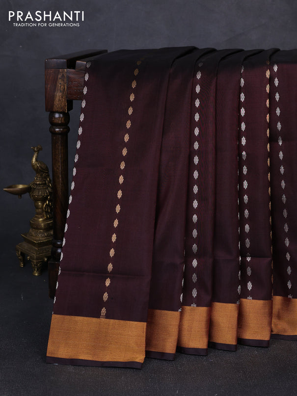 Pure uppada silk saree coffee brown with allover silver & gold zari woven buttas and zari woven border