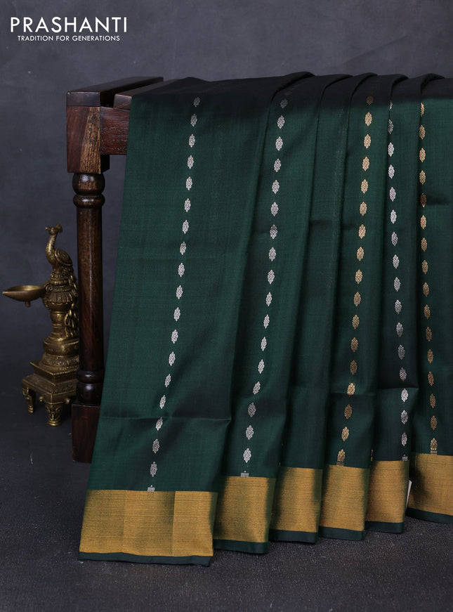 Pure uppada silk saree bottle green with allover silver & gold zari woven buttas and zari woven border