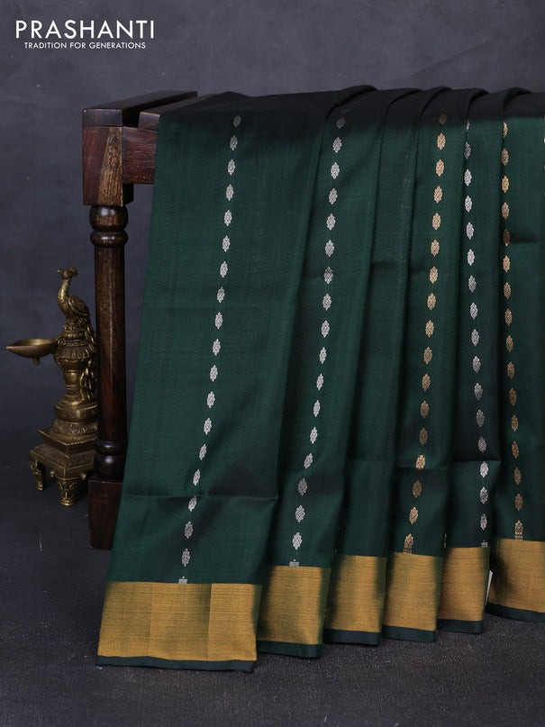 Pure uppada silk saree bottle green with allover silver & gold zari woven buttas and zari woven border