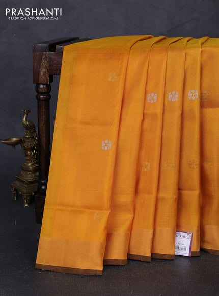 Pure uppada silk saree mustard yellow and coffee brown with silver & gold zari woven floral buttas and zari woven border