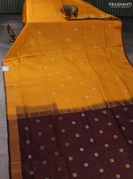 Pure uppada silk saree mustard yellow and coffee brown with silver & gold zari woven floral buttas and zari woven border