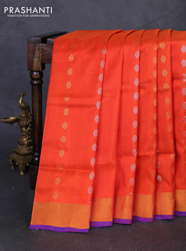 Pure uppada silk saree orange and blue with allover silver & gold zari woven floral buttas and zari woven border