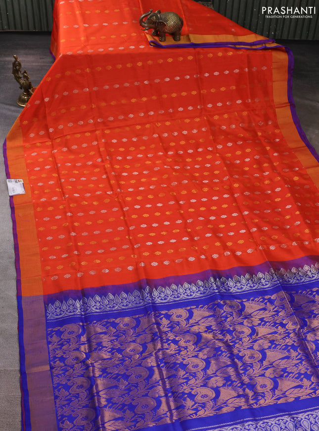 Pure uppada silk saree orange and blue with allover silver & gold zari woven floral buttas and zari woven border