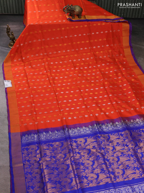 Pure uppada silk saree orange and blue with allover silver & gold zari woven floral buttas and zari woven border