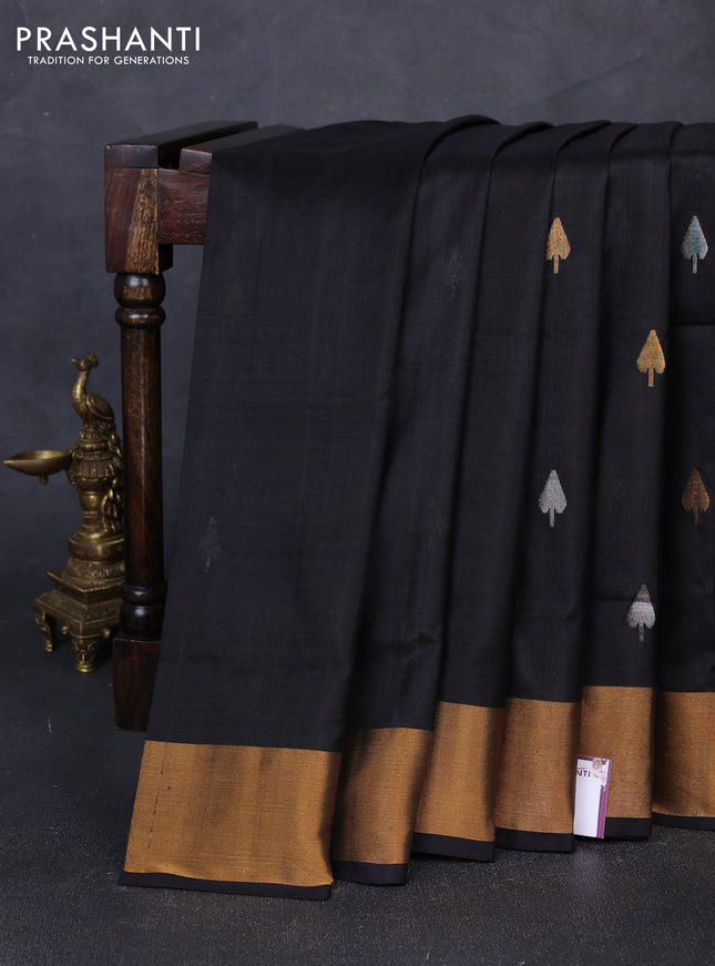 Pure uppada silk saree black with silver & gold zari woven buttas and jamdhani weaving pallu