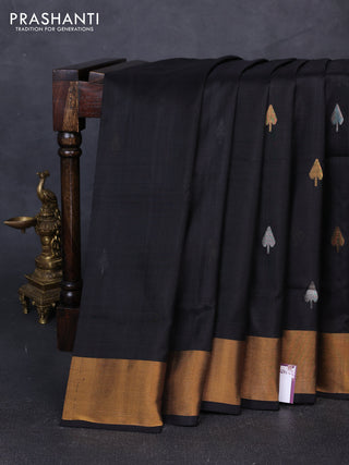 Pure uppada silk saree black with silver & gold zari woven buttas and jamdhani weaving pallu