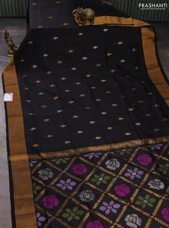 Pure uppada silk saree black with silver & gold zari woven buttas and jamdhani weaving pallu