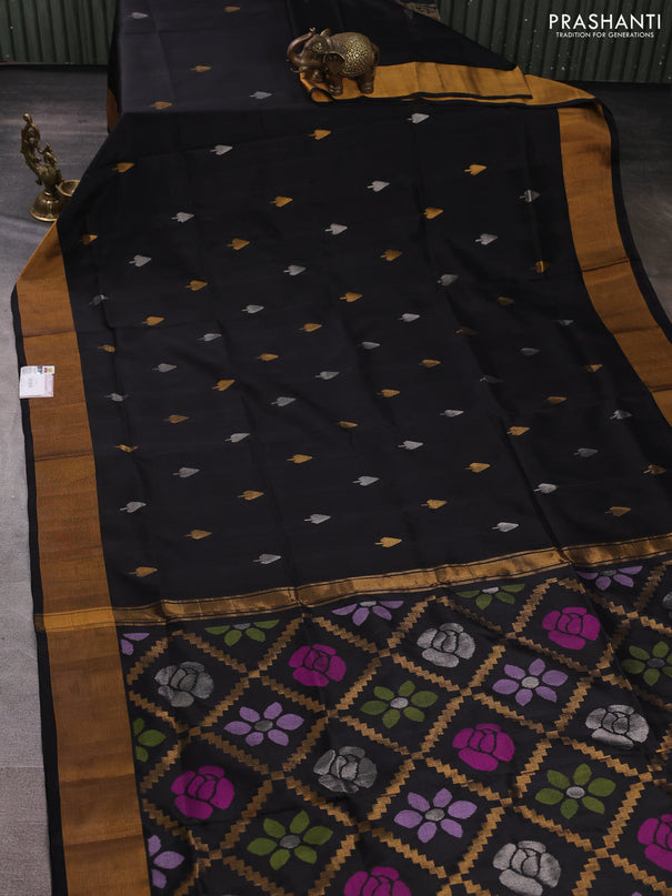 Pure uppada silk saree black with silver & gold zari woven buttas and jamdhani weaving pallu