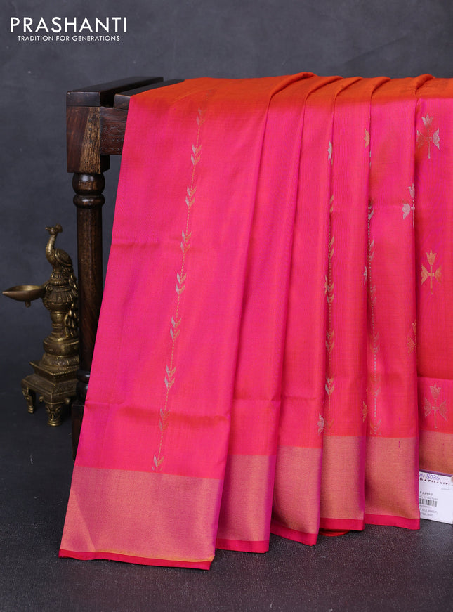 Pure uppada silk saree dual shade of pinkush orange and pink with allover zari wweaves & buttas and zari woven border