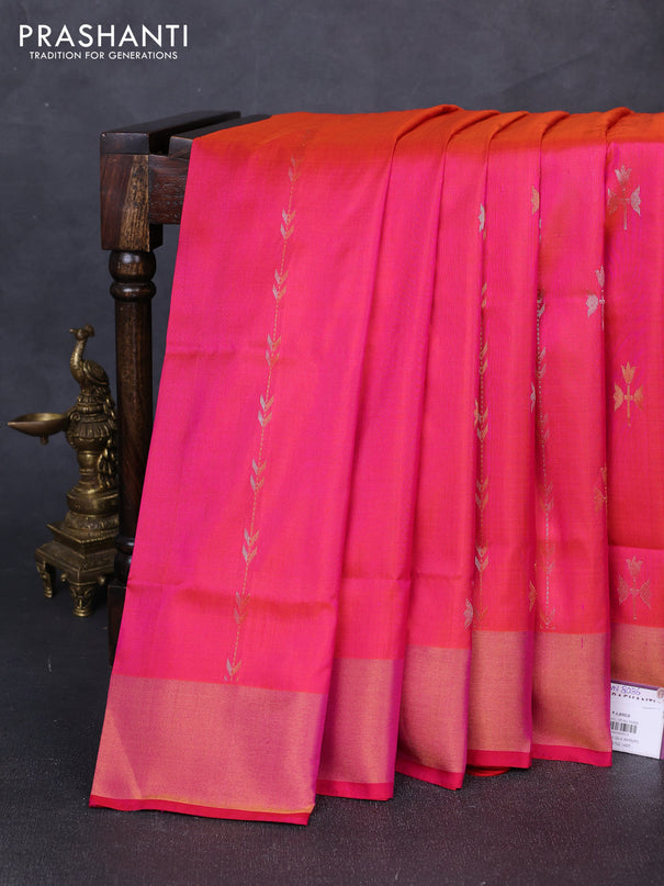 Pure uppada silk saree dual shade of pinkush orange and pink with allover zari wweaves & buttas and zari woven border