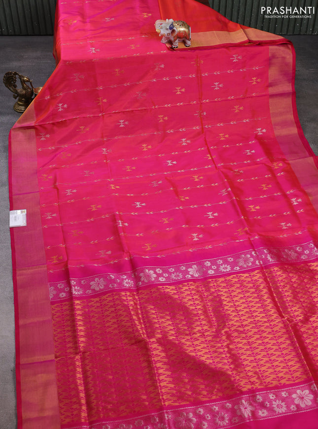 Pure uppada silk saree dual shade of pinkush orange and pink with allover zari wweaves & buttas and zari woven border