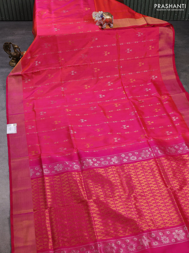 Pure uppada silk saree dual shade of pinkush orange and pink with allover zari wweaves & buttas and zari woven border