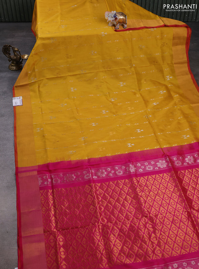 Pure uppada silk saree yellow and pink with allover zari wweaves & buttas and zari woven border