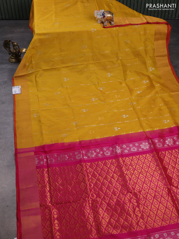 Pure uppada silk saree yellow and pink with allover zari wweaves & buttas and zari woven border