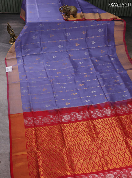 Pure uppada silk saree bluish grey and red with allover zari wweaves & buttas and zari woven border
