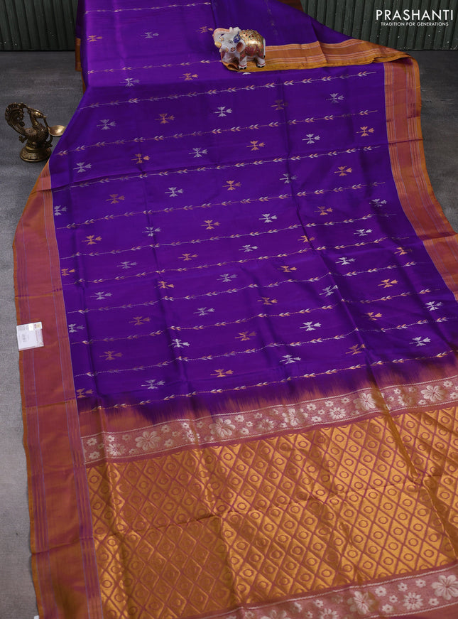 Pure uppada silk saree purple and dark mustard with allover zari wweaves & buttas and rettapet zari woven border