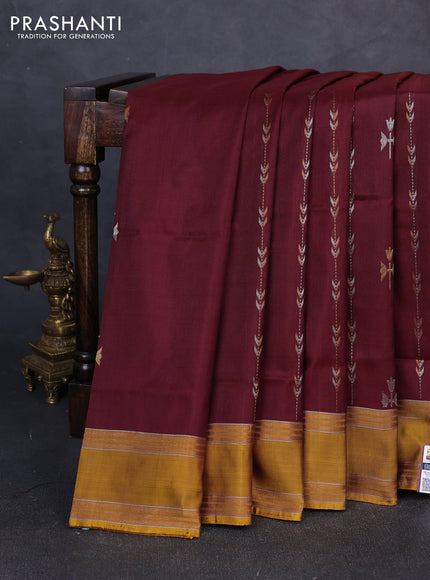 Pure uppada silk saree deep maroon and dark mustard with allover zari wweaves & buttas and rettapet zari woven border
