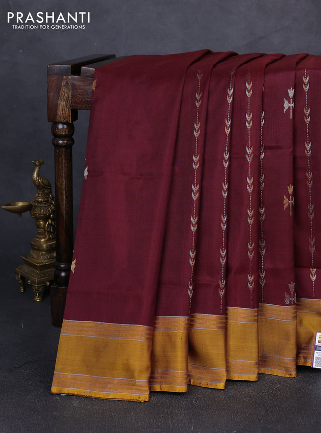 Pure uppada silk saree deep maroon and dark mustard with allover zari wweaves & buttas and rettapet zari woven border