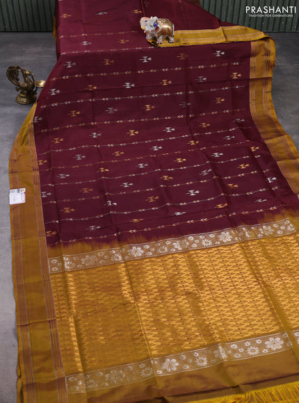 Pure uppada silk saree deep maroon and dark mustard with allover zari wweaves & buttas and rettapet zari woven border