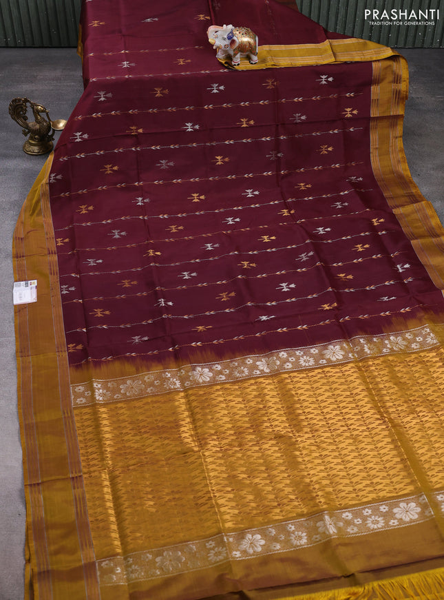 Pure uppada silk saree deep maroon and dark mustard with allover zari wweaves & buttas and rettapet zari woven border