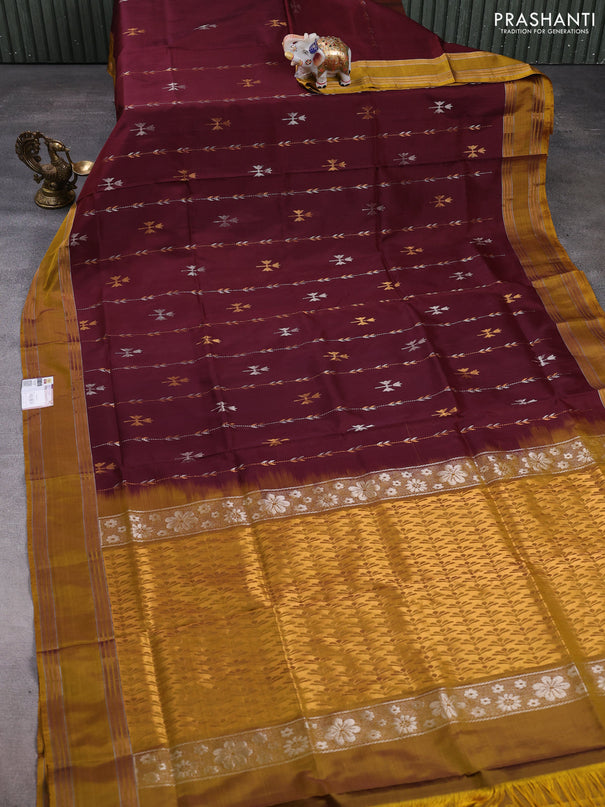 Pure uppada silk saree deep maroon and dark mustard with allover zari wweaves & buttas and rettapet zari woven border