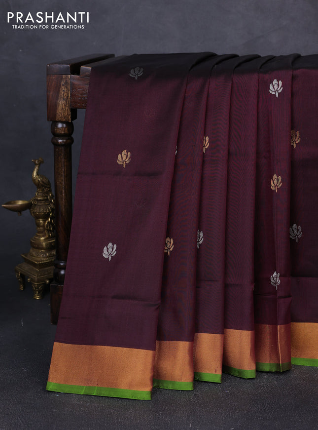 Pure uppada silk saree wine shade and parrot green with silver & gold zari woven buttas and zari woven border
