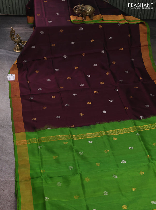 Pure uppada silk saree wine shade and parrot green with silver & gold zari woven buttas and zari woven border