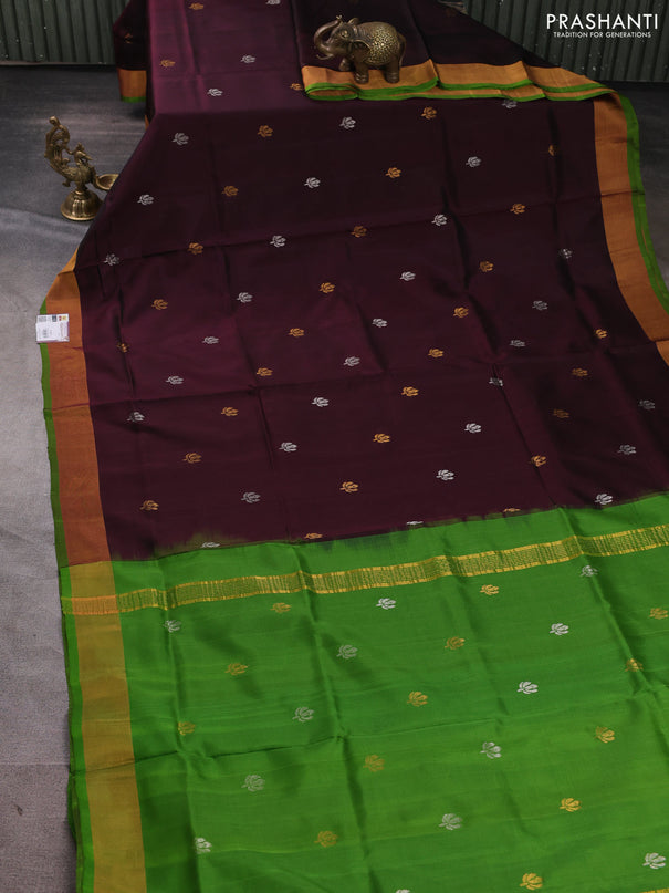 Pure uppada silk saree wine shade and parrot green with silver & gold zari woven buttas and zari woven border
