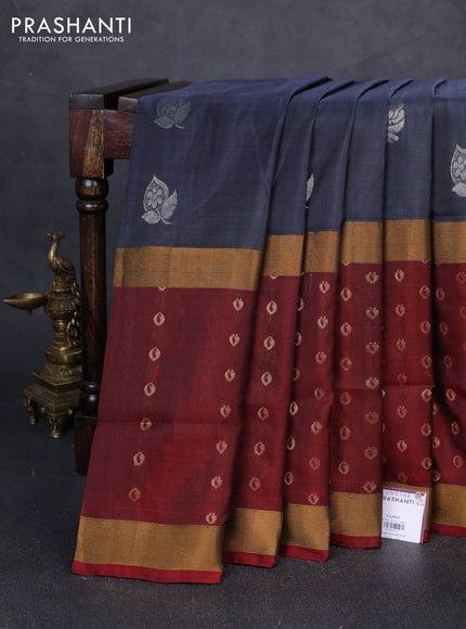 Pure uppada silk saree grey and maroon with silver zari woven buttas and long zari woven butta border
