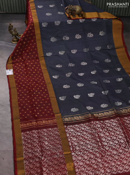 Pure uppada silk saree grey and maroon with silver zari woven buttas and long zari woven butta border