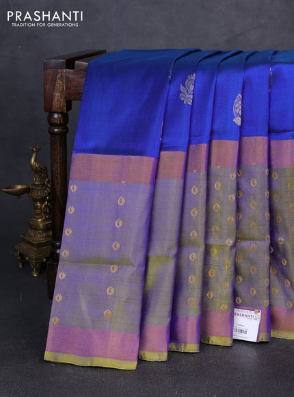 Pure uppada silk saree dual shade of bluish green and dual shade of light green with silver zari woven buttas and long zari woven butta border