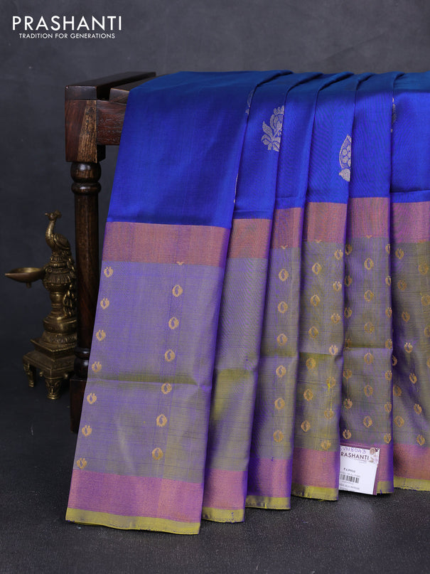 Pure uppada silk saree dual shade of bluish green and dual shade of light green with silver zari woven buttas and long zari woven butta border