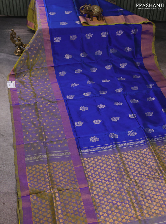 Pure uppada silk saree dual shade of bluish green and dual shade of light green with silver zari woven buttas and long zari woven butta border