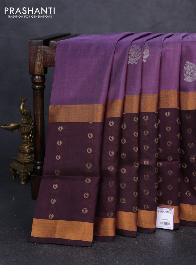 Pure uppada silk saree pastel purple and coffee brown with silver zari woven buttas and long zari woven butta border